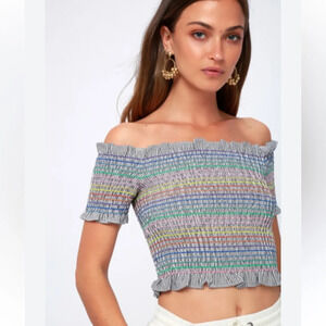 Lulu’s Stripe Dream Multi Stripe Smocked Off-the-Shoulder Crop Top